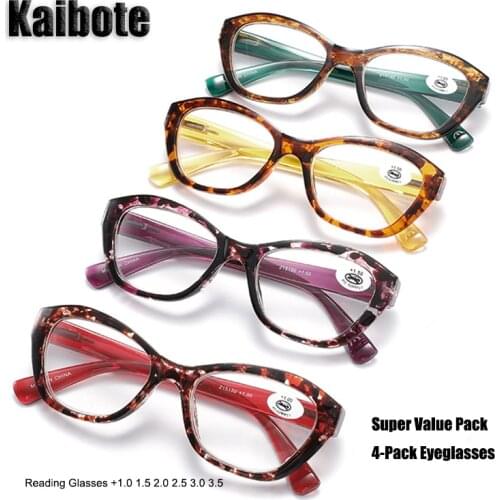 KBT 4 Pairs Fashion Ladies Reading Glasses Cat Eye Reader Eyewear 4-Pack Women Presbyopic Eyeglasses +1.0 1.5 2.0 2.5 3.0 3.5