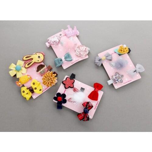 50sets/lot Cartoon 5pcs Hairpins Set Toddlers Kids Children Fabric Bow SAFE Barrettes Hairwear Accessories Headwear Mixorder