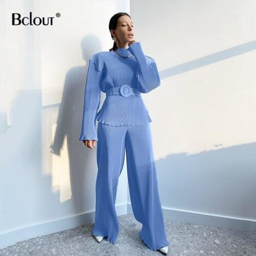 Bclout Autumn Long Sleeve Tops With Trousers Pleated 2 Piece Sets Casual Stand Collar Blouses Sashes Wide Leg Pants Outfit Chic