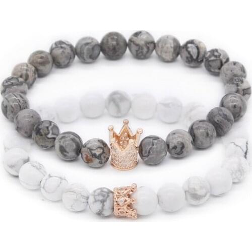 Poshfeel 2pcs/set Couple Bracelets for Lovers Crown Queen Charm Stone Beads Bracelets for Women and Men Jewellery Gift