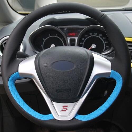 Car steering wheel cover for ford fiesta 2008-2013 ecosport 2014-2016 Black natural leather light blue Automotive interior
