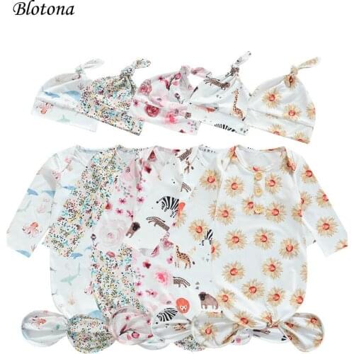 Blotona Baby Nightwear with Hat, Cartoon Patterns Print Round Neck Long Sleeve Sleepwear Sleeping Bag+ Cap for Kids, 0-3 Months