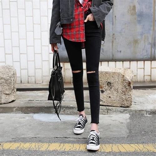 FINEWORDS Push Up Skniny Black Jeans Korean Style Knee Hole Ripped Jeans For Women Fall Sexy Stetch High Waisted Jeans Plus Size