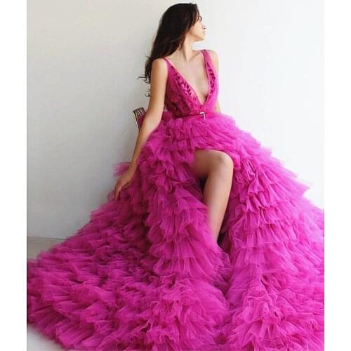 Fushcia Tiered Ruched Tulle Side Split Prom Dress V-neck Applique Arabic Vestidos De Fiesta De Noche Plus Size فساتين السهرة