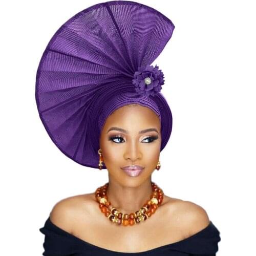 Various colors African auto gele headtie for women aso oke headwear beaded African gele with shoulder nice quality