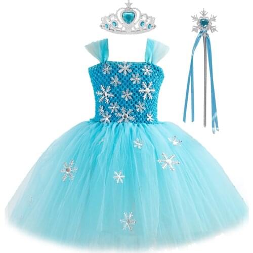 Blue Princess Elsa Dress for Girls Snow Queen Tutu Dress Up Costumes for Kids Girl New Year Clothes Snowflake Christmas Outfits