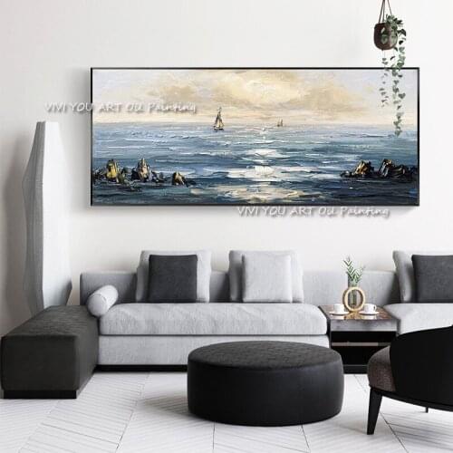 100% Handpainted Sail Boats Oil Painting Canvas Art Handmade Beautiful Abstract Blue Ocean Seascape Paintings For Home Decor