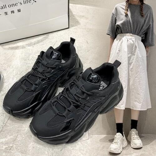 Chunky Sneakers Women Running Shoes Mesh Fashionable Lace-up Soft Thick Sole Breathable Black Sneaker Platform Sport Footwear