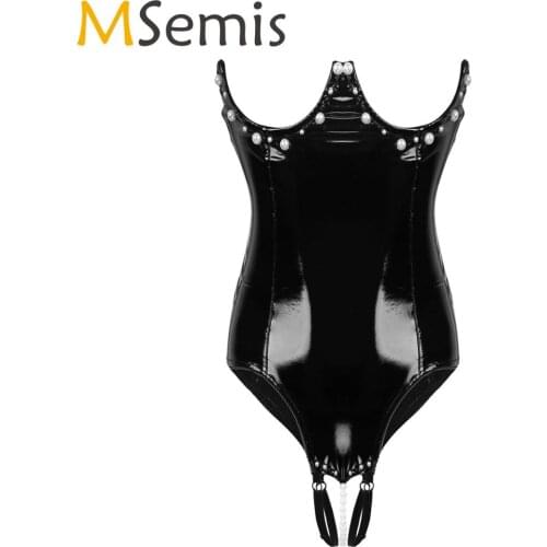 MSemis Sexy Women Cupless Crotchless Catsuit Wet Look Patent Leather Lingerie Topless Bare Breast with Pearl Underwear Bodysuit