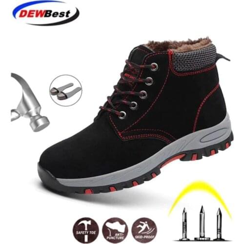 Men Safety Work Boots Winter Warm Outdoor Steel Toe Cap Anti-smashing Anti-piercing Outdoor Lace-up Cow Suede Safety Boots