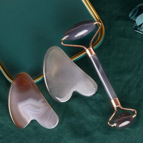 Natural Agate Face Roller Gouache Scraper Set Facial Treatment For Skin Lifting Remove Wrinkle Beauty Detox Guasha Massage Tool