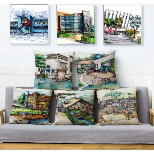 Design Building House Print Pillow Cover 45*45cm Cushion Covers Linen Pillow Case Car Sofa Home Decor Scenic Pillows Cases