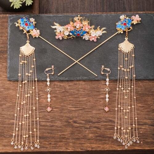 New Ancient Chinese Style Long Tassel Step Shake Hairpins Sticks Hair Combs Earrings Jewelry Sets Hanfu Dress Hair Jewelry