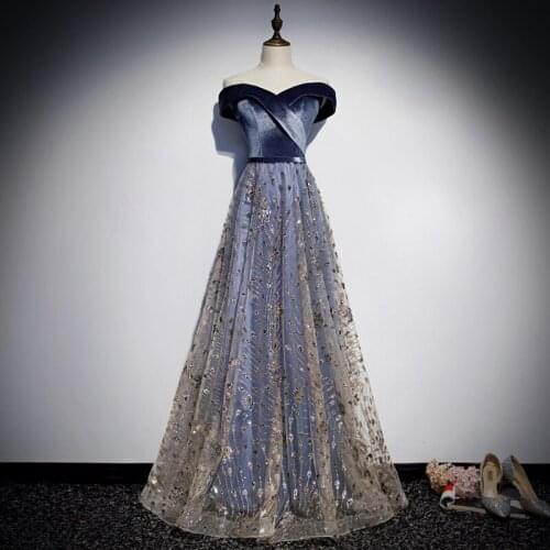 New Elegant Woman Evening Gown Blue A-Line Long Evening Dress Sparkly Sequins Bling Formal Parties Dress