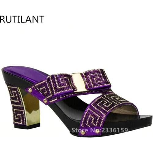 New Purple Color Ladies Shoes Party Wedding Shoe Decorated with Rhinestone Italian Ladies Summer High Heels Slip on Slipper Shoe