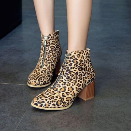 PXELENA Women Ankle Boots Leopard Faux Suede Front Zip Chunky Block Square High Heels Short Boots Female Shoes Plus Size 34-43