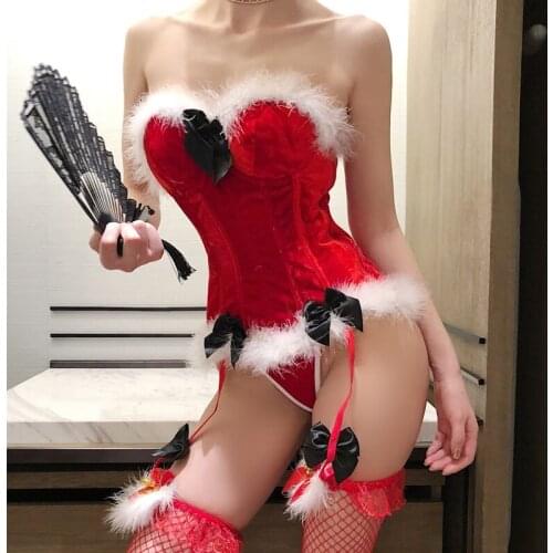 Christmas Sexy Costumes Corset Sweet Lace Erotic Women Maid Cosplay Bustier Lingerie Tops Brocade Thigh-Highs Garter Belt