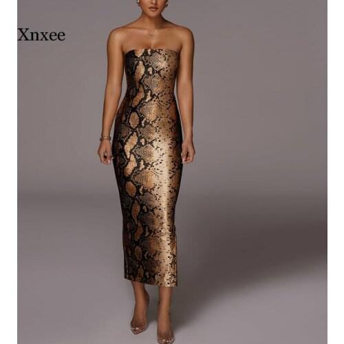 Sexy Women Dress Bodycon Off Shoulder Snakeskin Split Midi Dress Elegant Strapless Pencil Dresses Vestidos De Mujer Streetwear