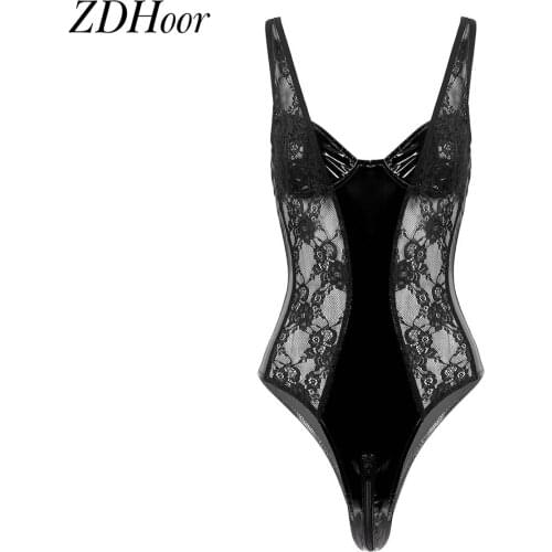 Sexy Patent Leather Lace Splicing Catsuit Jumpsuit Womens Wet Look Leotard Bodysuit Ladies Erotic Nightclub Lingerie Nightwear