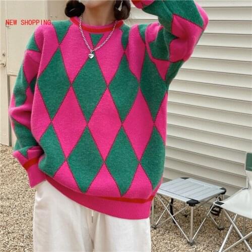 Sweet Autumn Winter Sweaters Women Geometric Pattern Argyle Pullovers Loose Oversized O-Neck Knitted Sweaters Woman Jumper Mujer