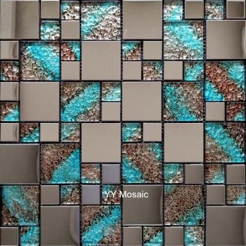 Euro Style Stainless Mirror Metal Brown mix Blue Foil Crystal Glass Mosaic Tile Kitchen backsplash TV background Wall Tile