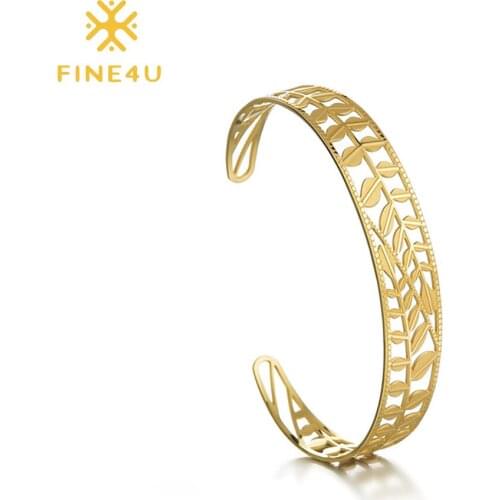 FINE4U B516 Stainless Steel Cuff Bracelets For Women Dainty Hollow Leaf Leaves Open Bangle for Daily Jewelry