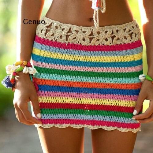 Chain Tube Top and Skirt Hand Crochet Women Bikini Set Beach Swimwear Swimsuit Suit