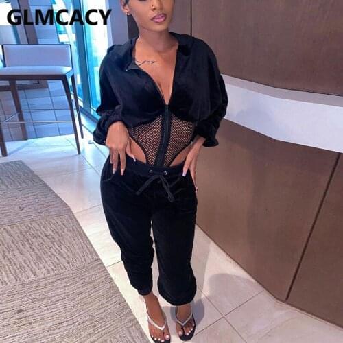 Women Two Piece Chic Tracksuit Long Sleeve Hollow Out Top & Drawstring Casual Jogger Pants Set