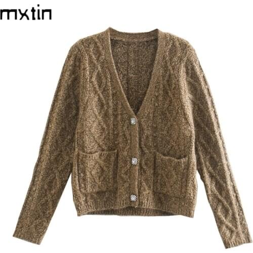 2021 Women Winter Fashion Brown Buttons Cardigan Knitted Sweater Vintage V Neck Long Sleeve Solid Female Casual Elegant Tops