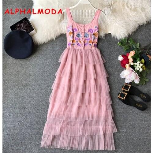 ALPHALMODA 2019 Summer Beautiful Embroidery Floral Cake Dress Single Breasted Tank Multi-layered Gauze Sweet Ladies Vestidos