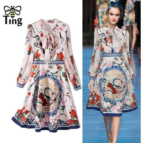 Tingfly Runway Fashion Dress Women Bow Collor Button Up A Line Casual Floral Dress Vintage Knee Length Large Size Robes Clothing