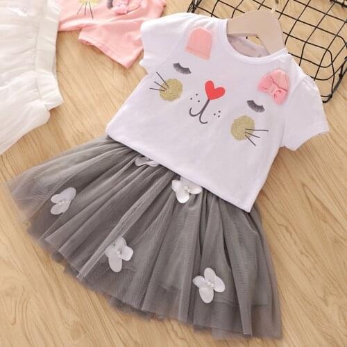 2020 Summer Girls' Clothing Sets Elegant Bow Princess Girls Cartoon T-Shirt +Tulle Skirt 2PCS Kids Clothes Set Children Clothing