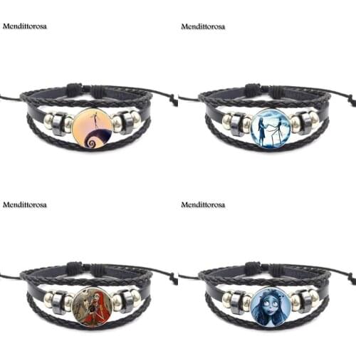Mendittorosa Black Leather Bracelet Bangle For The Boy Girls Cartoon Gift Jewelry Nightmare Before Christmas jack skellington