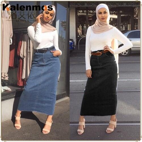 Jeans Skirt Women Pencil Dubai Muslim Button High Waist Bodycon Denim Long Skirts Middle East Turkish Abaya Islamic Clothing
