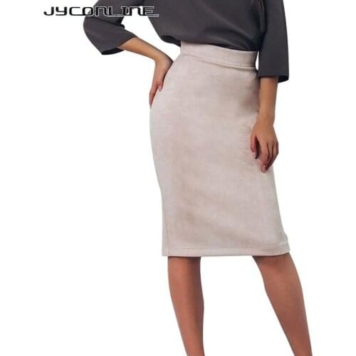 JYConline 2017 Split Vintage Suede Pencil Skirt High Waist Women Knee Length Bodycon Skirt OL Office Elegant Skirts Womens Saia