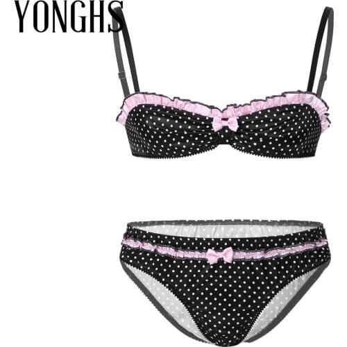 2Pcs Mens Lingerie Sissy for Crossdressing Polka Dot Lingerie Set Ruffles Bra Top with Elastic Panties Sexy Sissy Underwear Set
