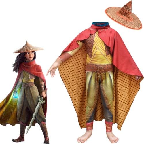 Girls Halloween Costume Cosplay Legend Movie Raya and The Last Dragon Kids Carnival Jumpsuit Cloak Hat Children Raya Outfit