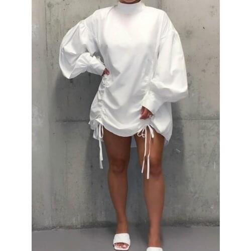 Fashion Women Solid Color Loose Dress Drawstring Design O-Neck Long Sleeve Autumn Pullovers Mini Dress