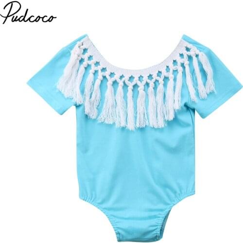 2018 Brand New Newborn Toddler Baby Girl Summer Causal Bodysuits Short Sleeve Tassel Solid Blue Jumpsuits Playsuit Outfit 0-18M