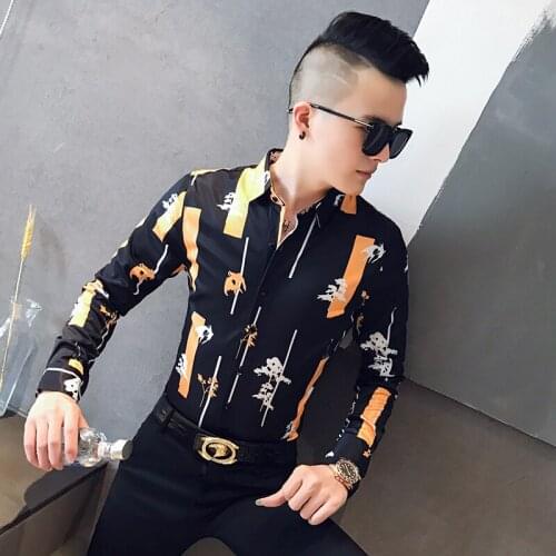 Autumn 2019 new mens printed long sleeve shirt social boys' shirt 301a-1 / cs122 / p55