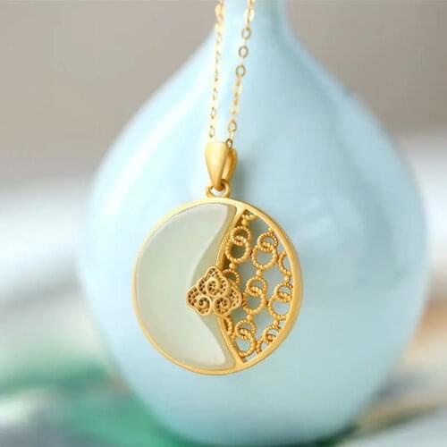 Natural white jade round brand hollow pattern Pendant Necklace Chinese style retro luxury jewelry designers silver jewellery