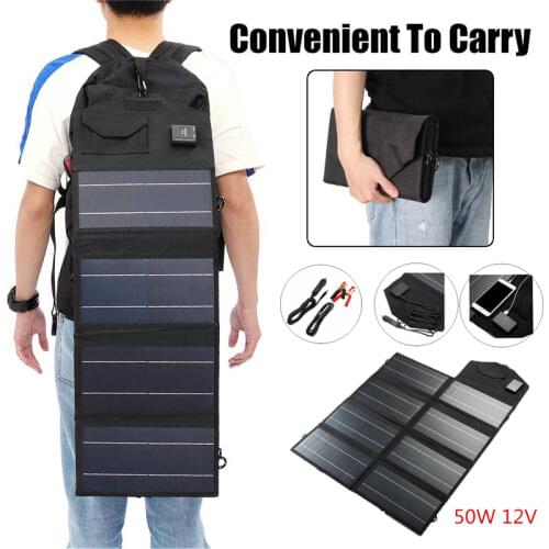 50W Solar Panel Charger DC 12V/3A 5V/2A Output Foldable Outdoor Dual USB Port Solar Panels Car Charger Phone Laptops Battery