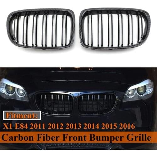 Front Bumper Grille, For-BMW X1 E84 2011-2016 Double Line Kidney Grille Mesh Grille Carbon Fiber