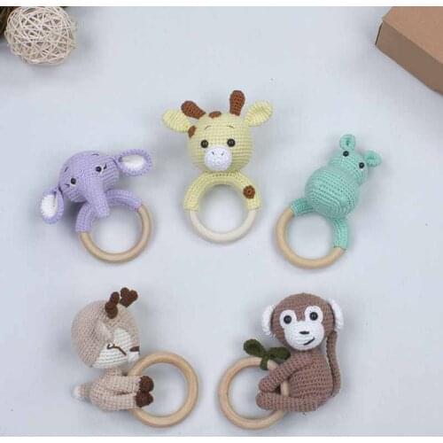 Handmade Newborn Babies Organic Toys Rattle Crochet Knitting Boy Girl Baby Teether With Sound Wood Cotton Kraft Gift Boxed Model