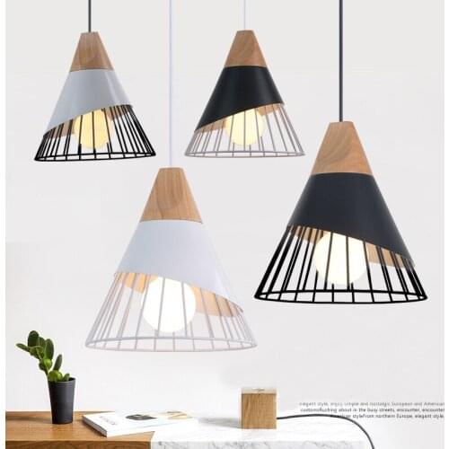 Modern Pendant Lamp Black White E27 Wood For Bedroom Hanging Lights Nordic Aluminum Lampshade LED Bulb Kitchen Lamp Lighting