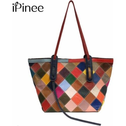 IPinee High Quality Genuine Leather Large Tote Bags Color Spell Cow Leather Women Shoulder Bag