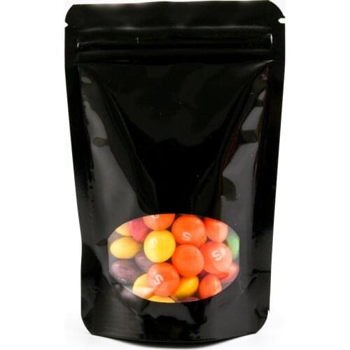 Thick 50pcs Glossy Black Mylar Ziplock Bags Heat Sealable Food Powder Storage Plastic Stand Up Zip Lock Bags with Front Window