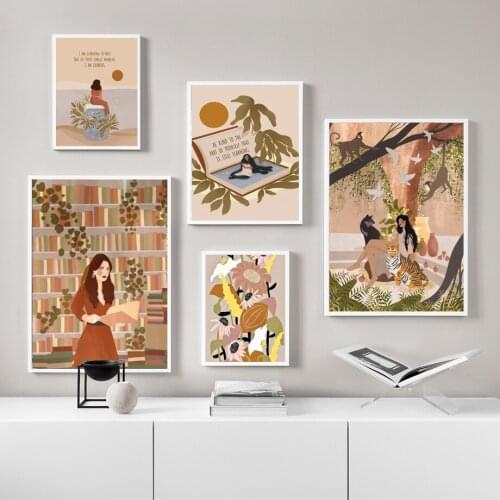 Tropical Girl Yoga Posters and Prints Book Flower Cheetah Boho Wall Art Animals Canvas Painting Pictures for Living Room Decor