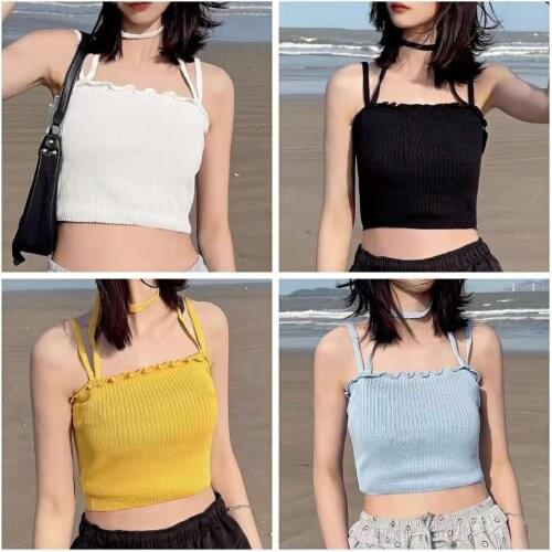Slim Sexy Crop Tops Summer Tube Halter Womens Clothing Sweet Korean Style Sleeveless Skinny Cropped Tank Tops for Women