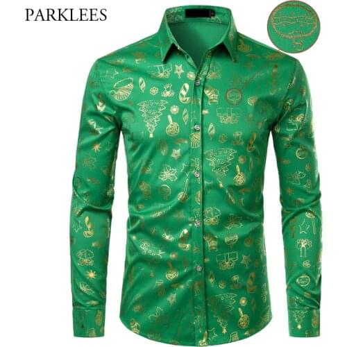 Green Christmas Shirt Men Casual Xmas Gift Printed Mens Long Sleeve Shirt Button Down Dress Shirts Top Blouses Chemise Homme